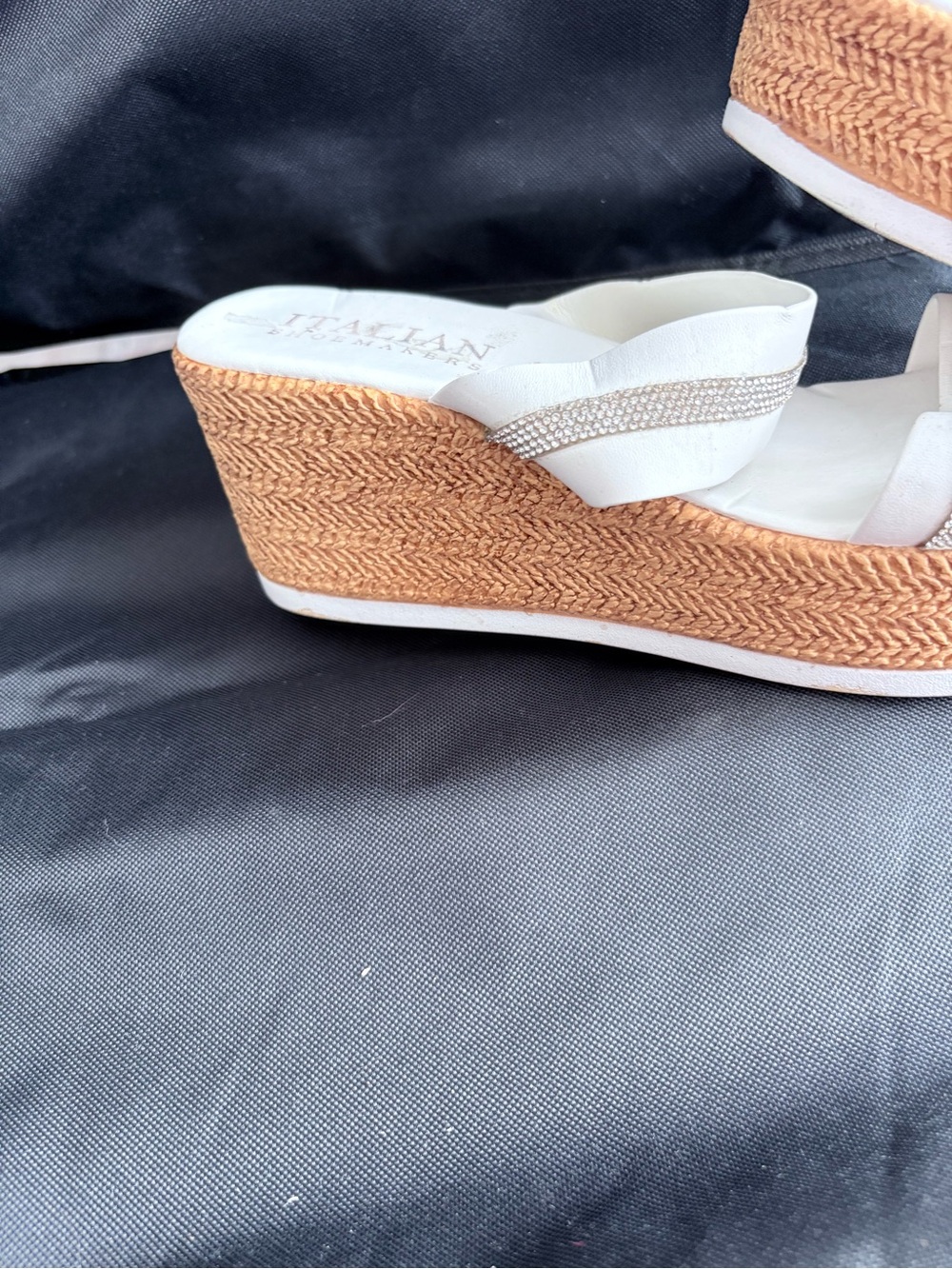 Italian Shoemakers White Wedge Sandals with Rhinestone Straps - Picture 3 of 5